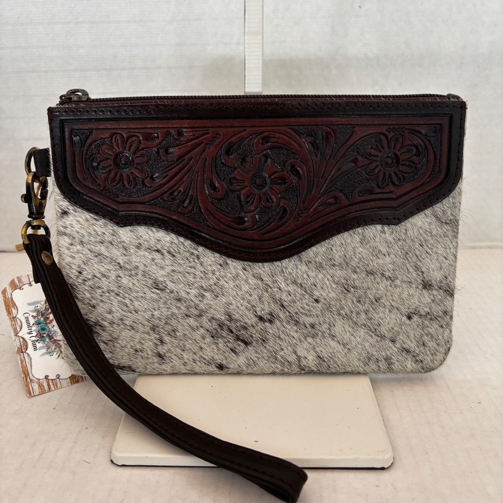Country‎  Wristlet Women Brown Tooled Leather Cowhide Floral Western Clutch New